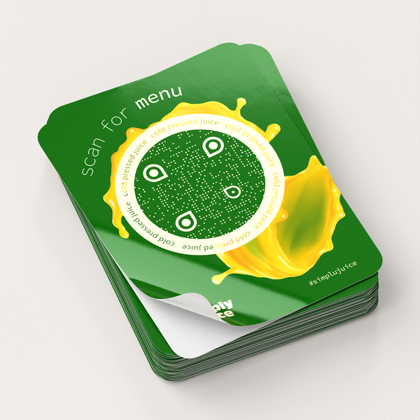 Rounded-corner promotional card with a scannable menu code and vibrant product design