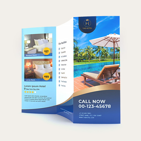 Tri-fold hotel brochure featuring accommodation details and resort imagery