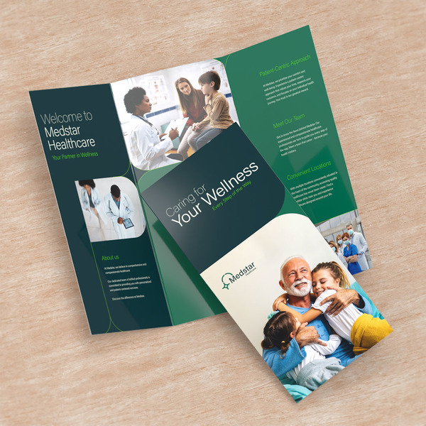 Tri-fold brochure with healthcare-themed design and informational content