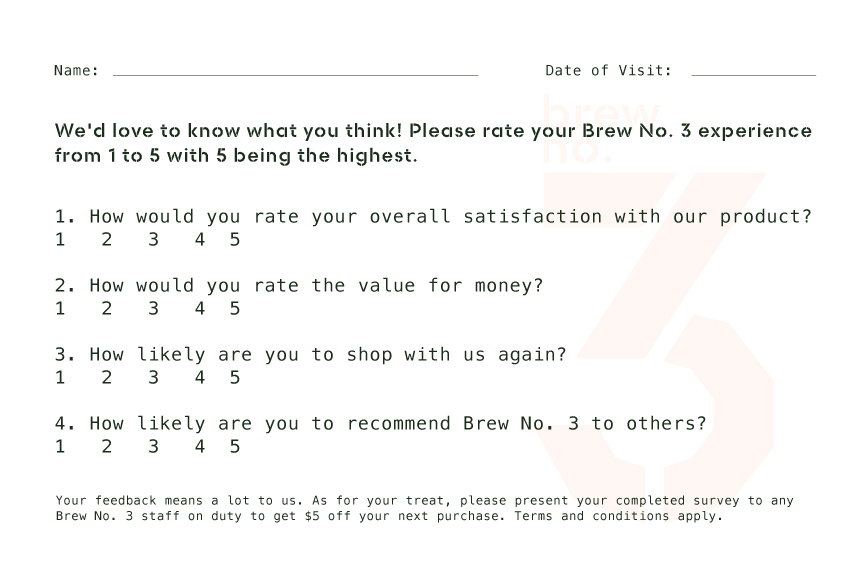 back view postcard with 1-4 questionnaires to get customer feedback