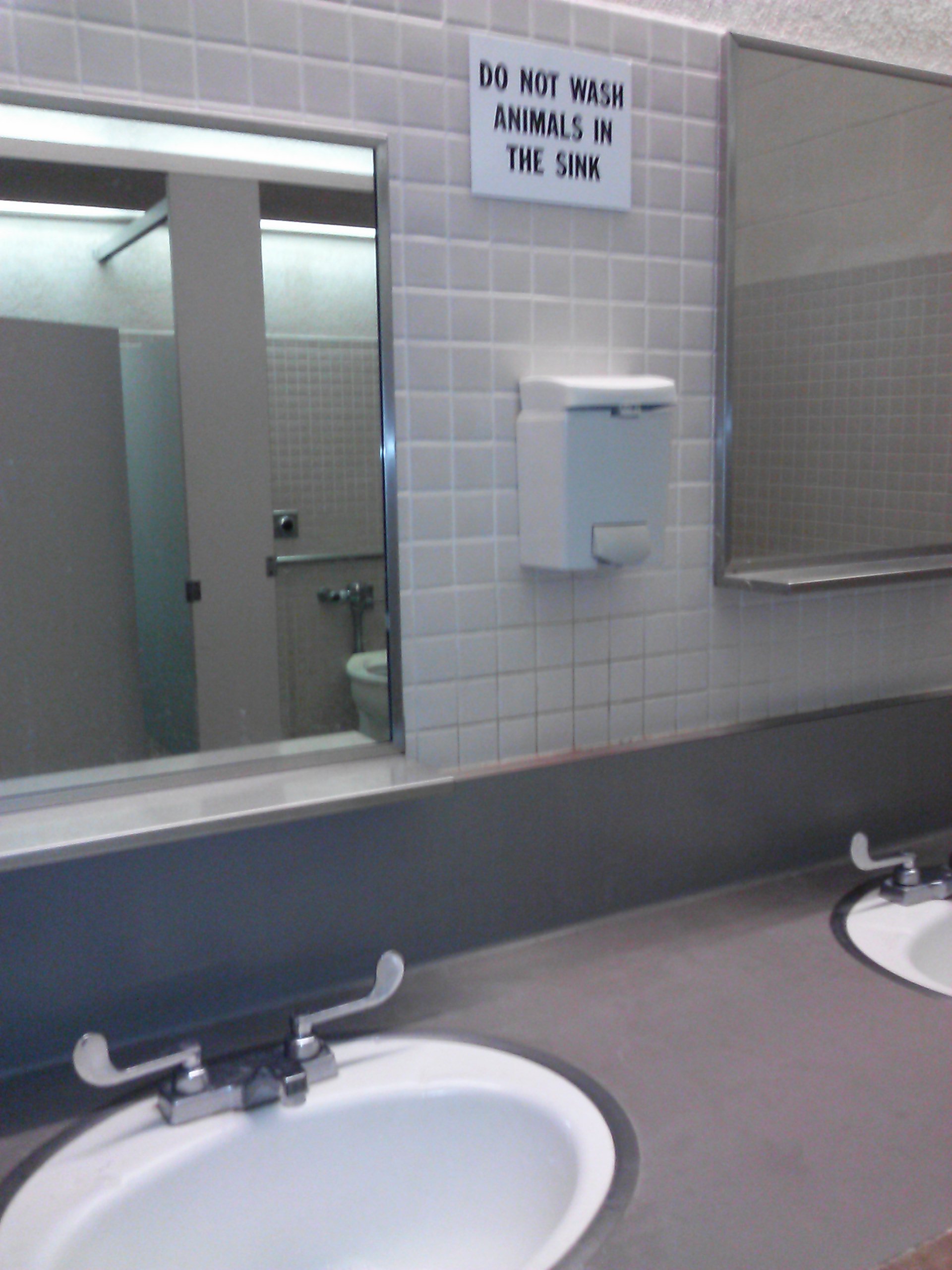 Humorous bathroom sign stating do not wash or rinse hair in the sink