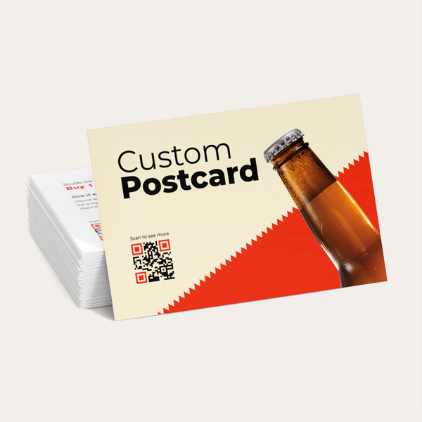 Custom printed postcards with promotional design and QR code