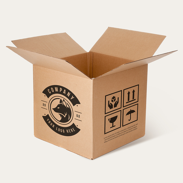 Custom corrugated shipping box with printed branding and handling icons