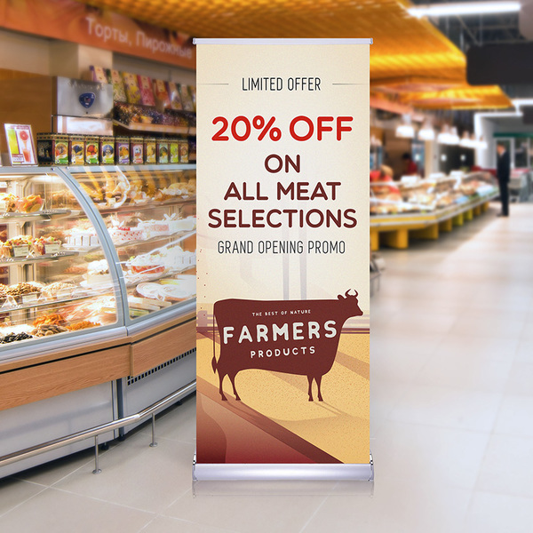 Retractable banner with supermarket promotion for discounted meat products.