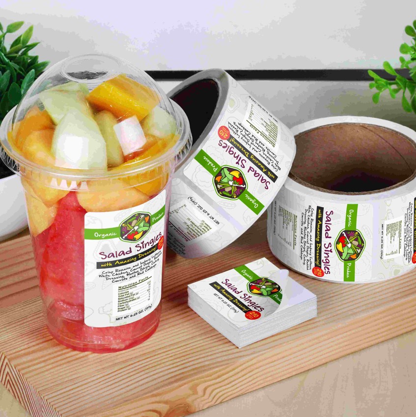 Takeout packaging with branded labels and containers