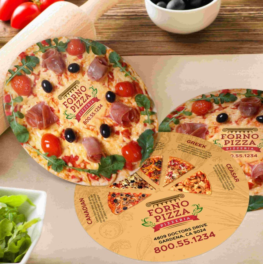 A pizza box with custom restaurant branding