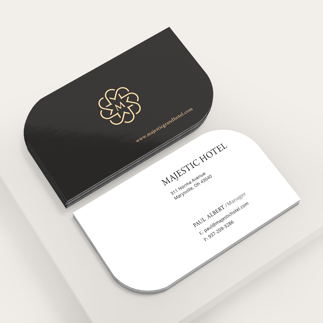 Rounded-corner business cards with a minimalist black-and-white design