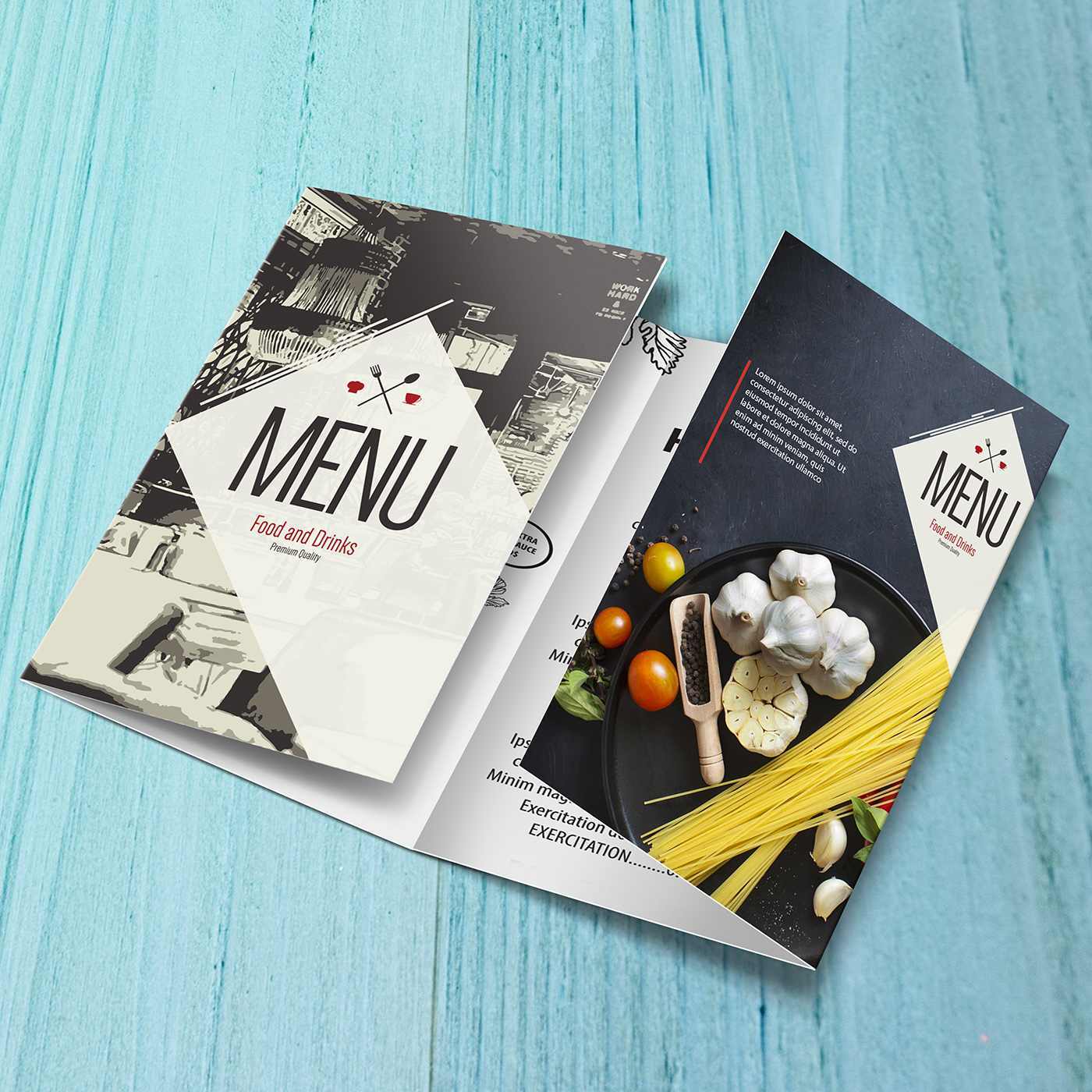 Printed restaurant menus displayed on a table