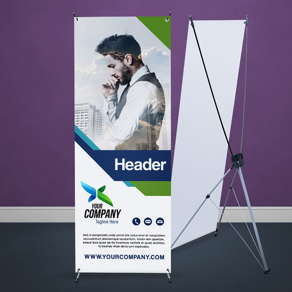 X-banner stand with a printed promotional graphic