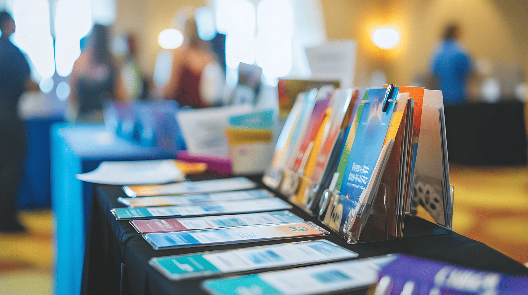 Marketing brochures and pamphlets on a display table