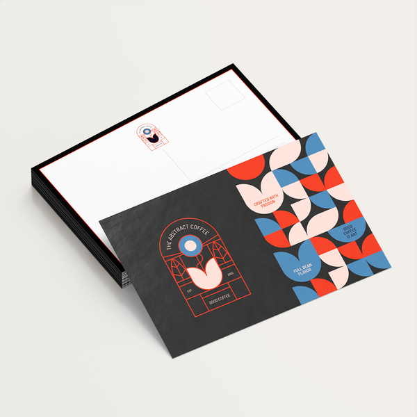 Postcard with geometric pattern and modern graphic design elements.