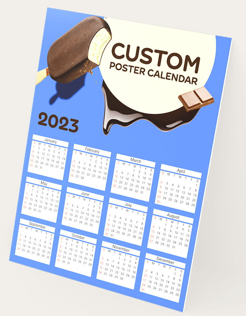 Full-year poster calendar featuring custom food graphics and annual layout