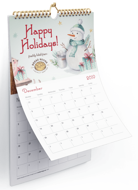 Wire-bound wall calendar with holiday-themed illustration
