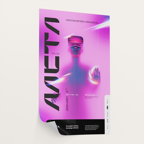 Modern neon poster with abstract human figure and pink-purple gradient.
