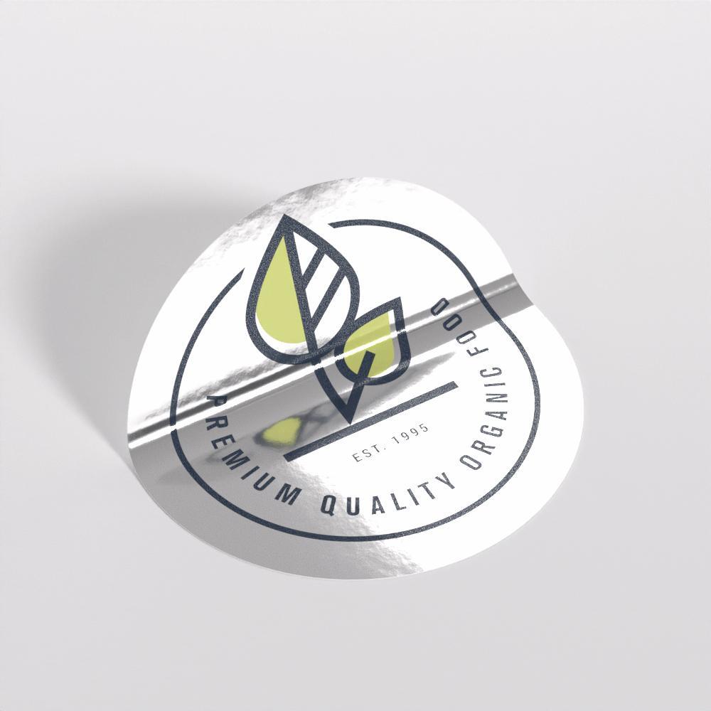 Silver metallic sticker with organic food branding