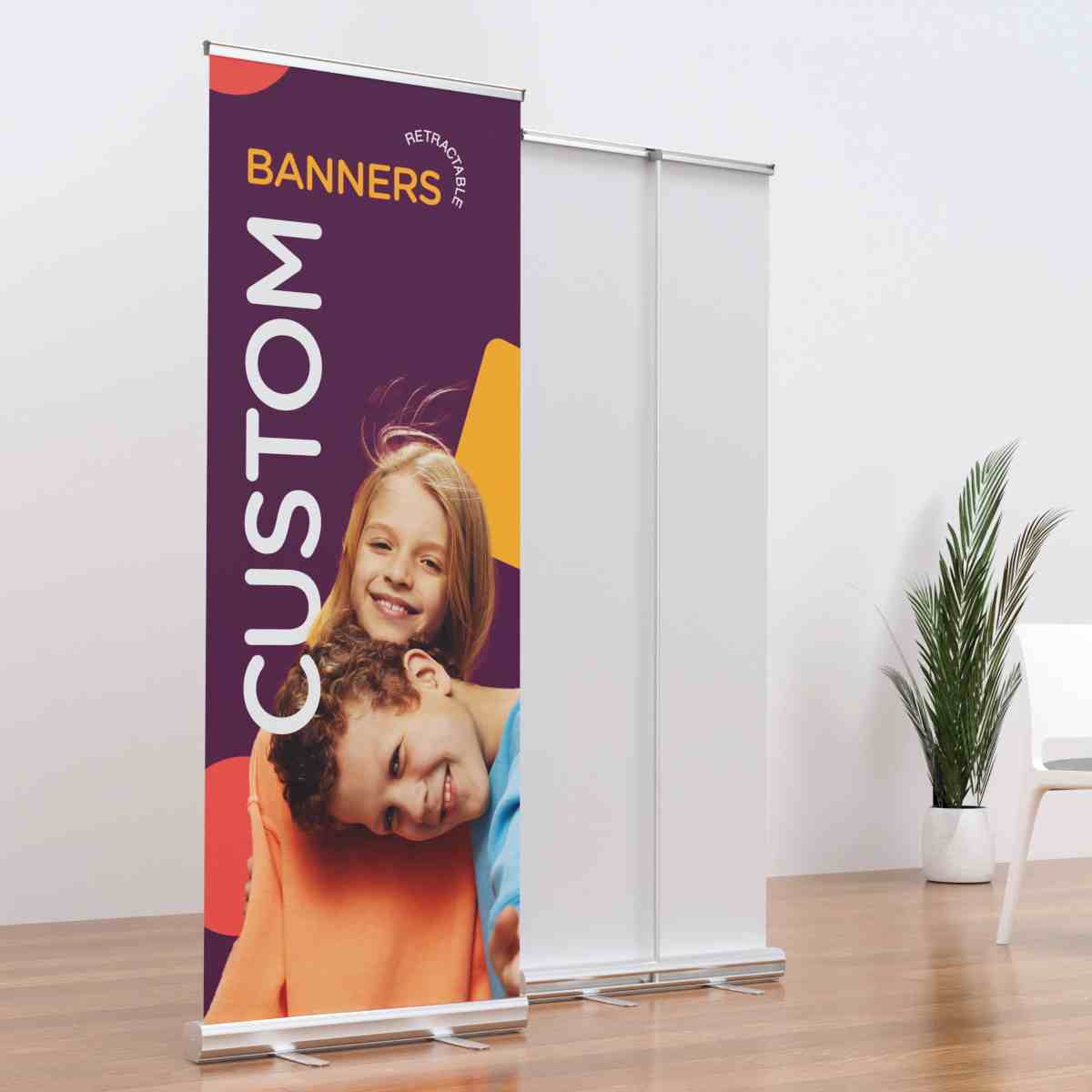 Retractable banner with purple graphics and children's photography
