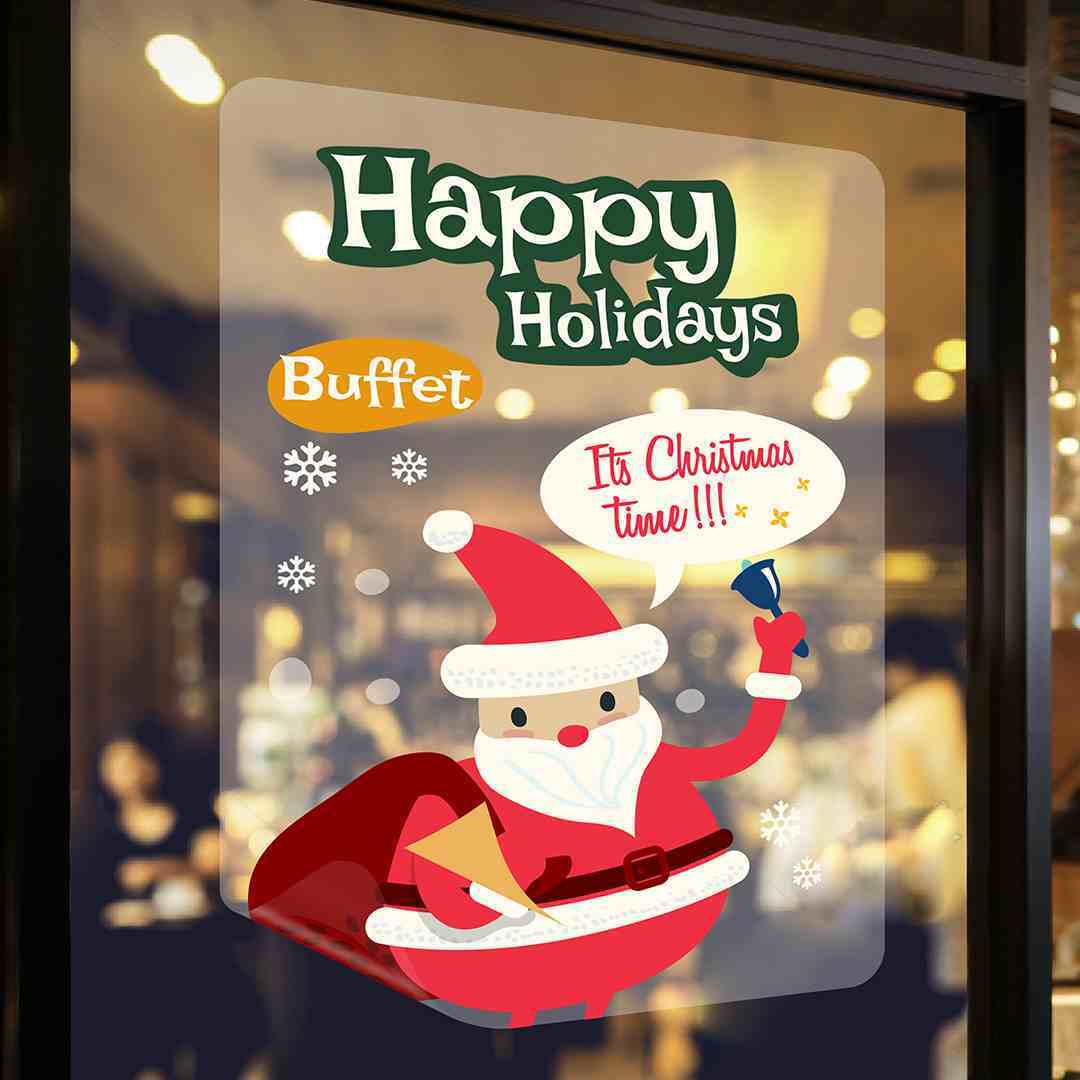 A holiday buffet window decal featuring a Santa illustration