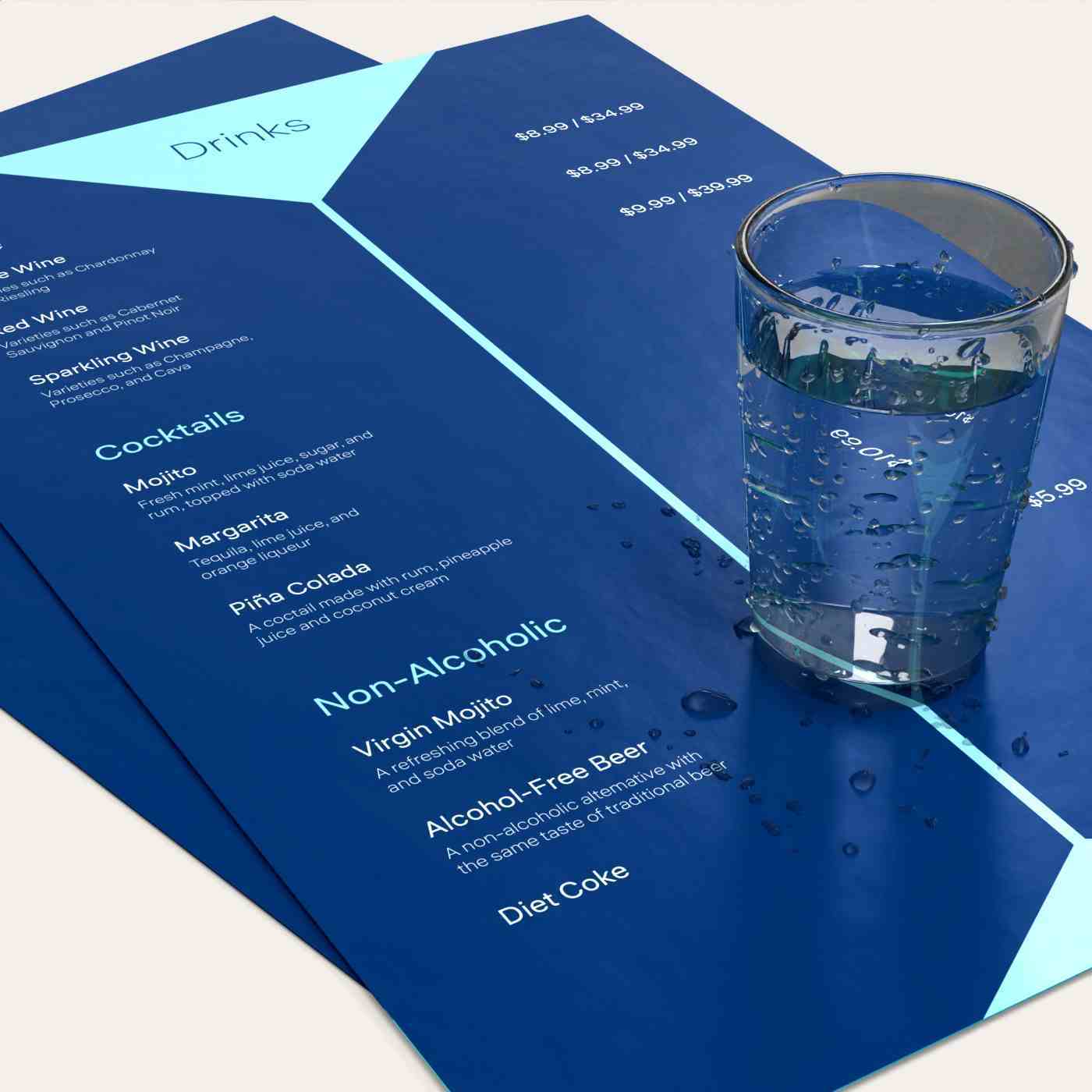 Water-resistant blue printed drink menu with a glass of water