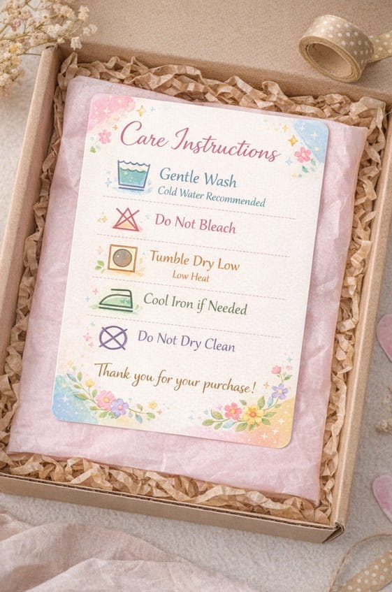 Product care instructions card with laundry maintenance symbols