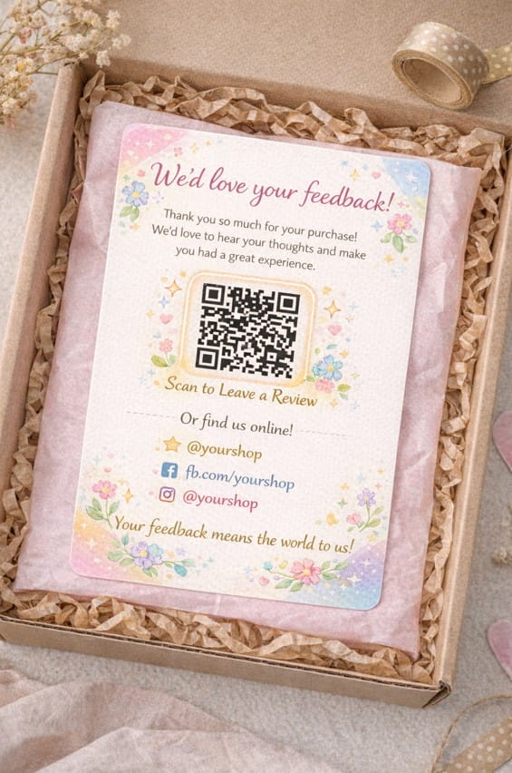 Customer feedback request card with a QR code and social media handles