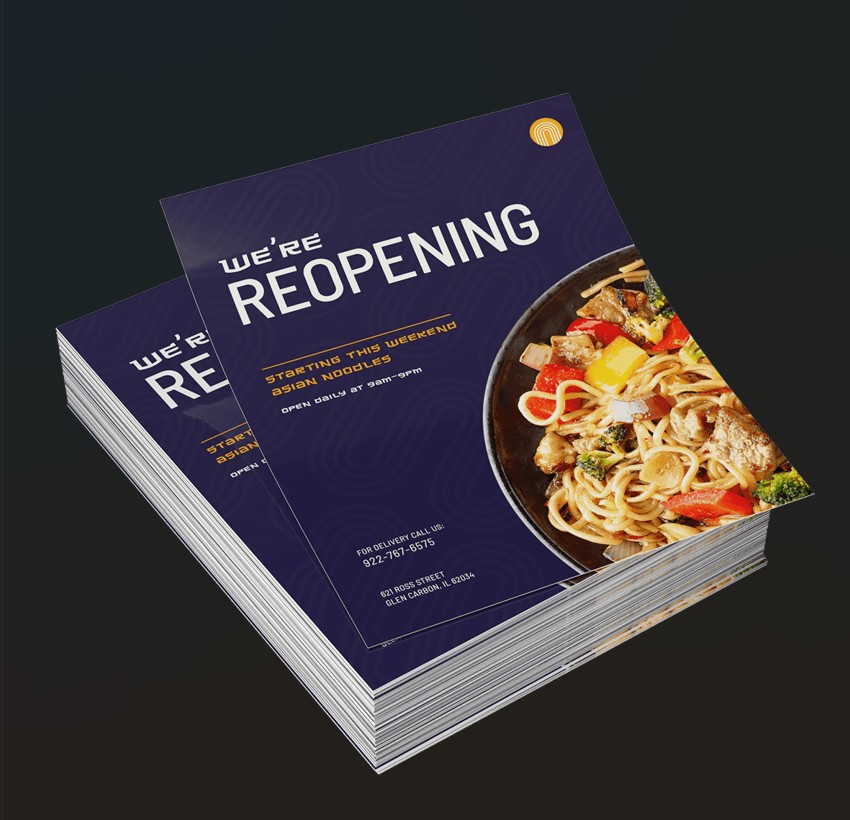 Stack of printed restaurant reopening promotional flyers