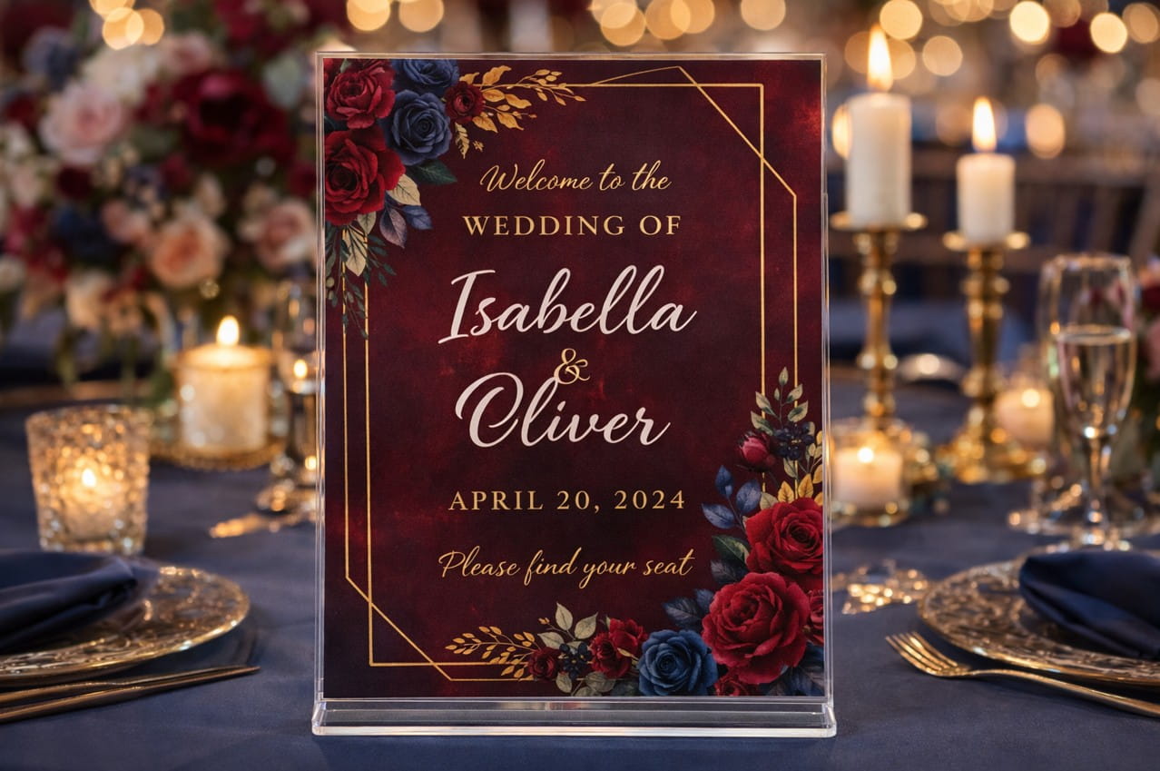 Wedding welcome sign with a dark red floral design