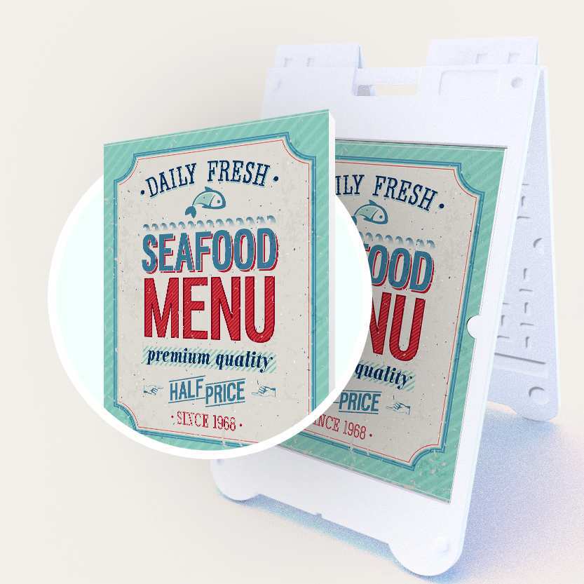 White plastic A-frame sidewalk sign featuring a vintage seafood menu graphic