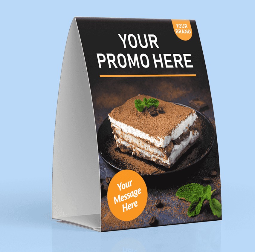 Cardboard table tent displaying a dessert promotion