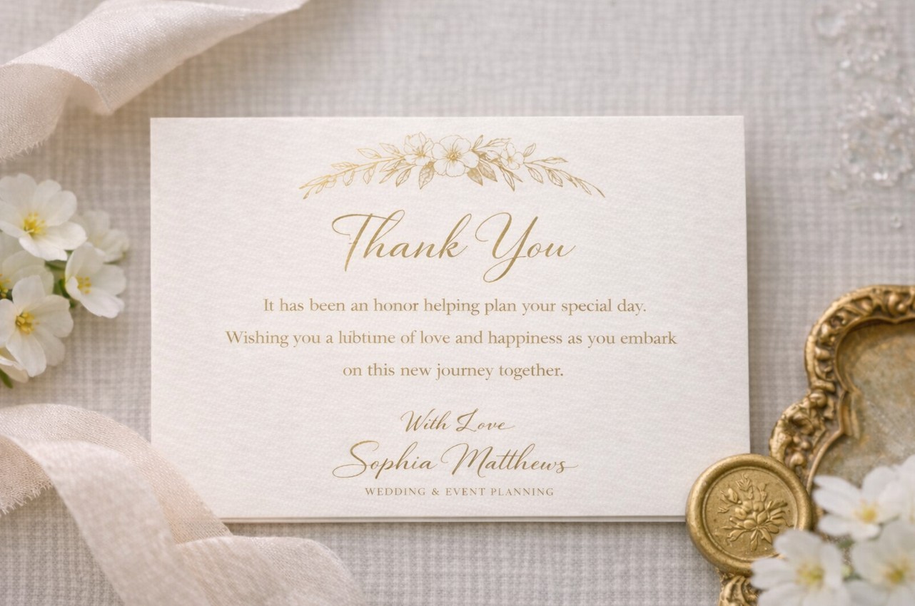 Thank you card with gold foil lettering and floral details
