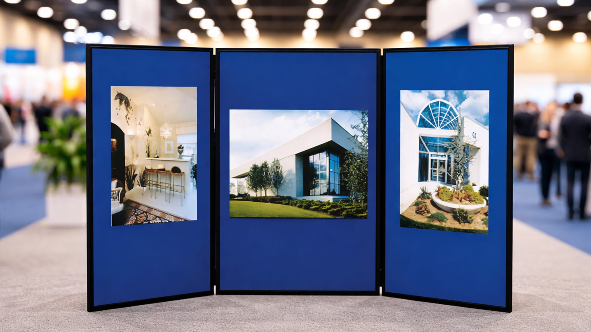 A trifold display board standing upright for exhibitions