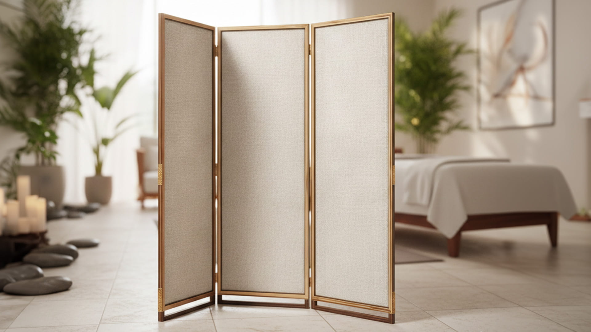 A trifold room divider panel positioned inside an interior space