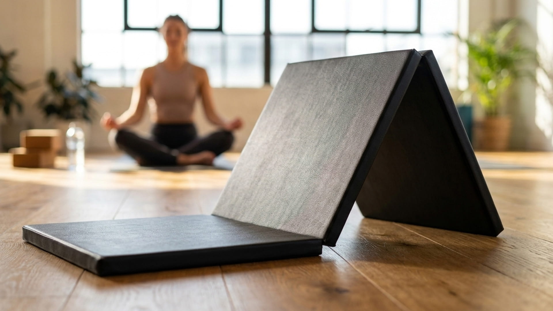A trifold exercise mat laid out on the floor