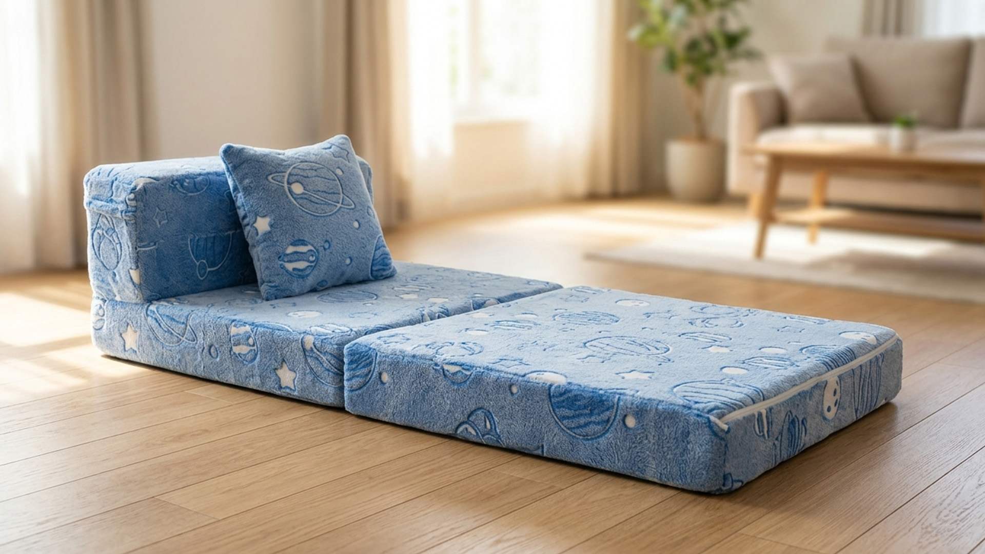 A trifold mattress folded compactly inside a living space