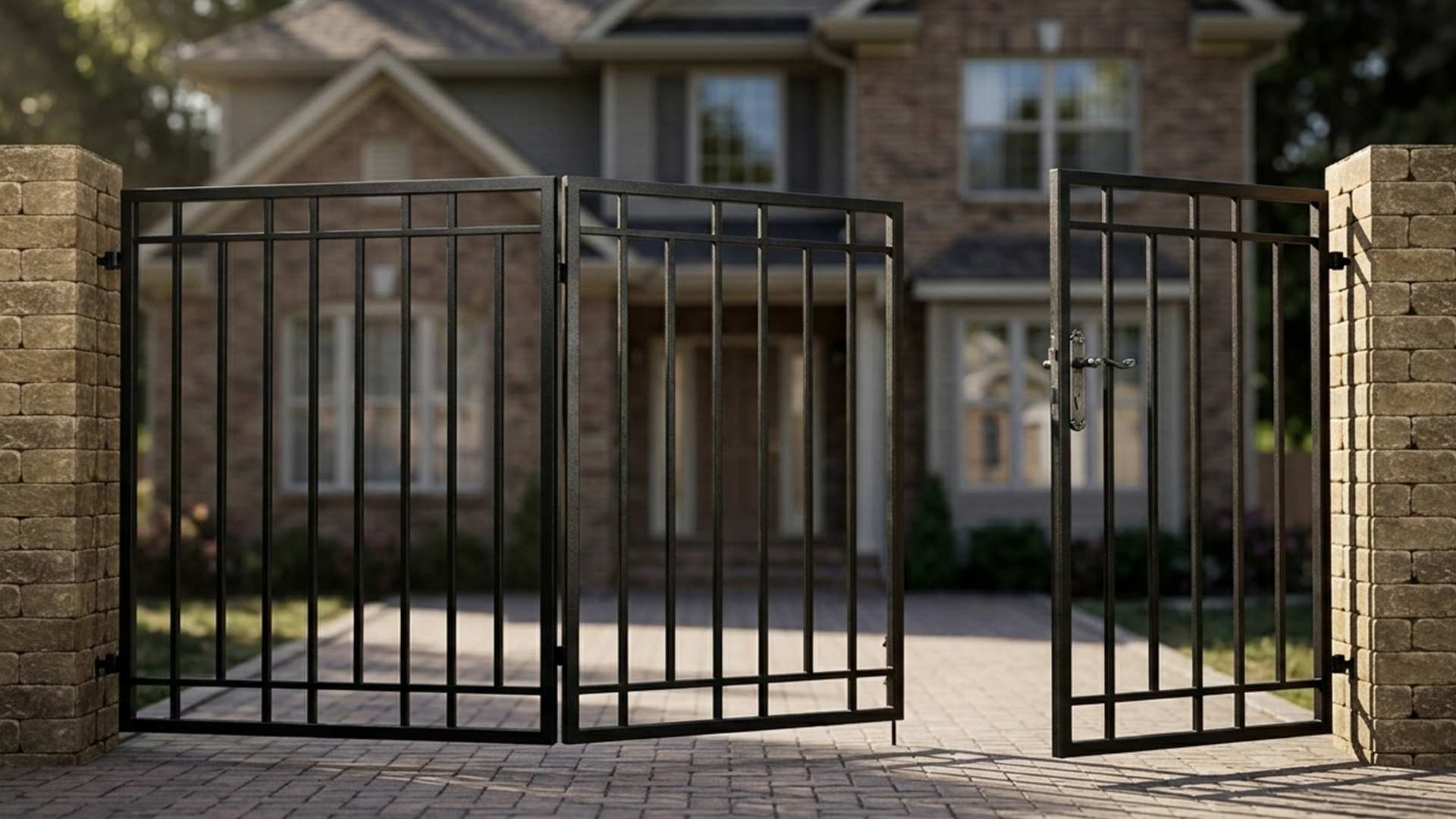 A trifold house gate shown folded along a residential entrance