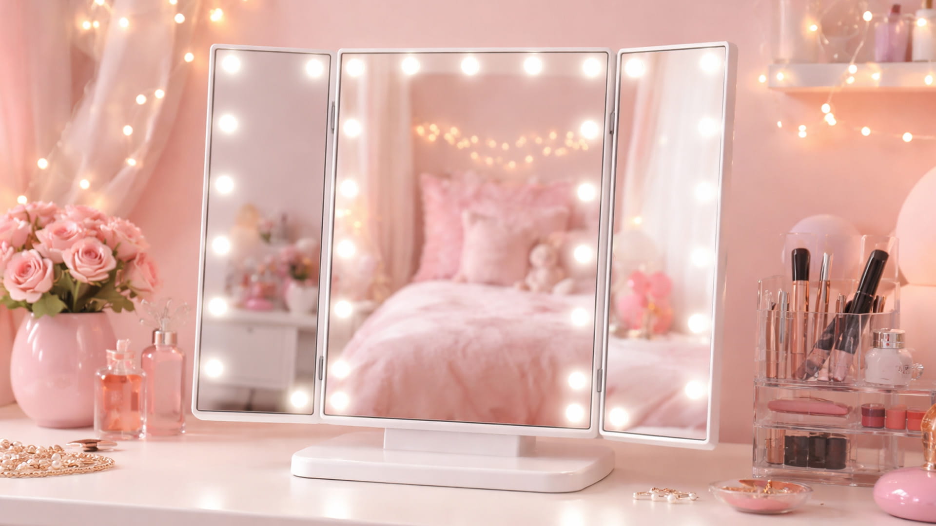 A trifold vanity mirror set up on a dressing table