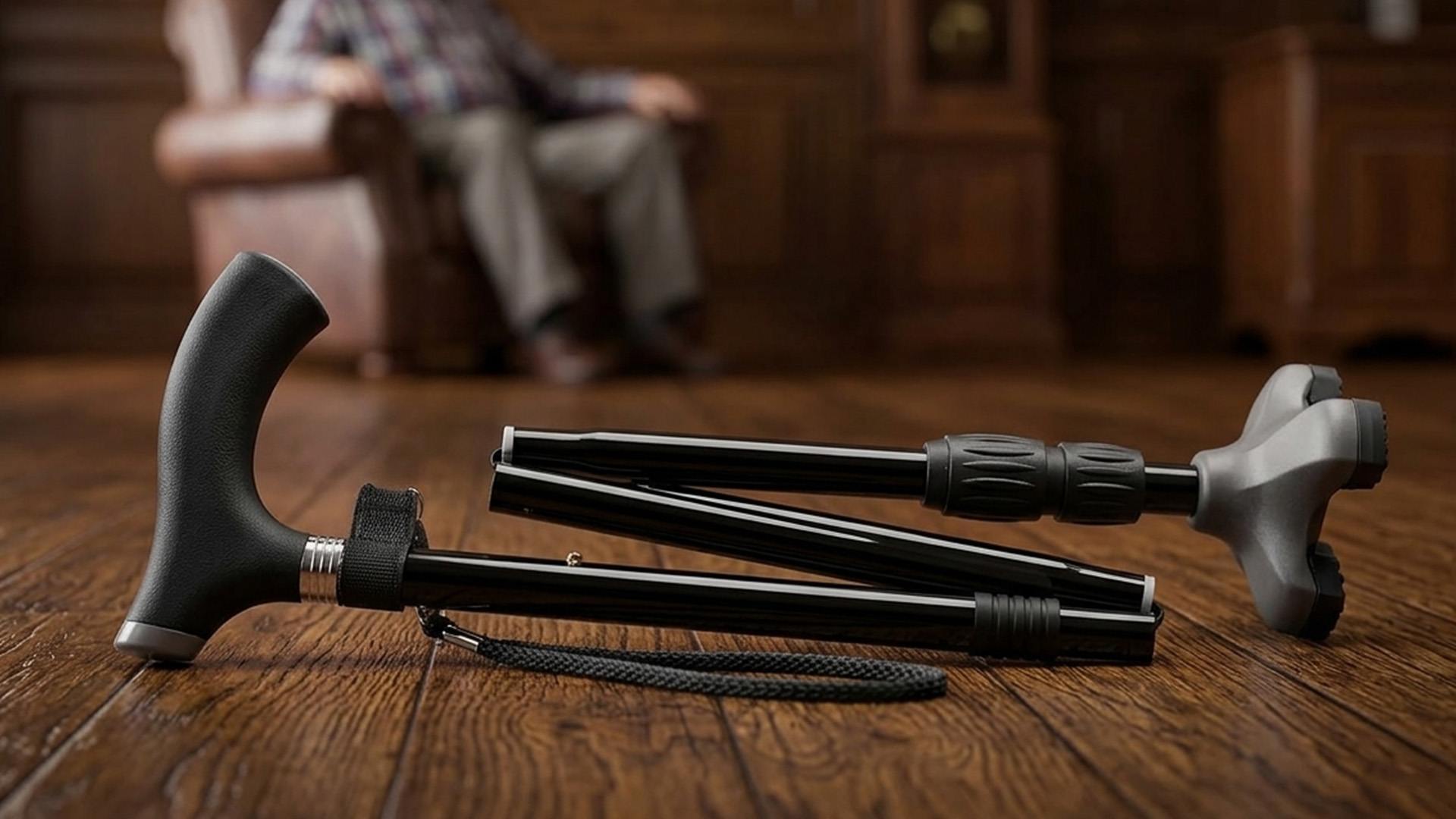A trifold portable cane laid out in folded sections