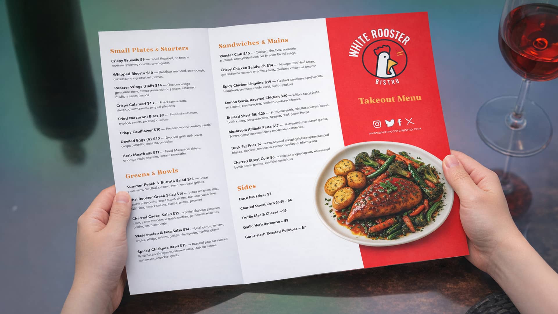 A trifold restaurant menu opened to show food items and pricing