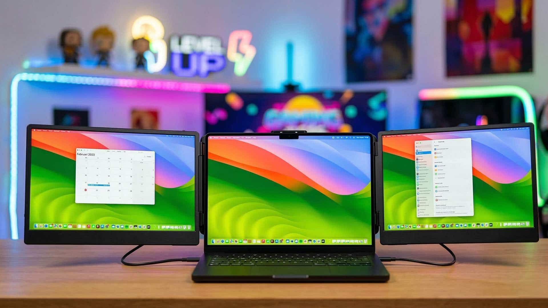 A trifold monitor setup displaying multiple connected screens