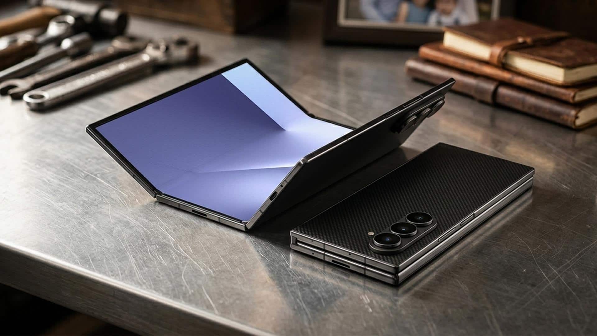 A trifold smartphone positioned to highlight its folding screen design
