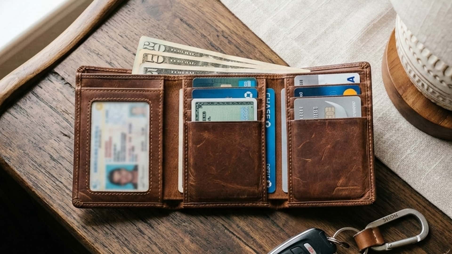 Trifold wallets arranged on a table