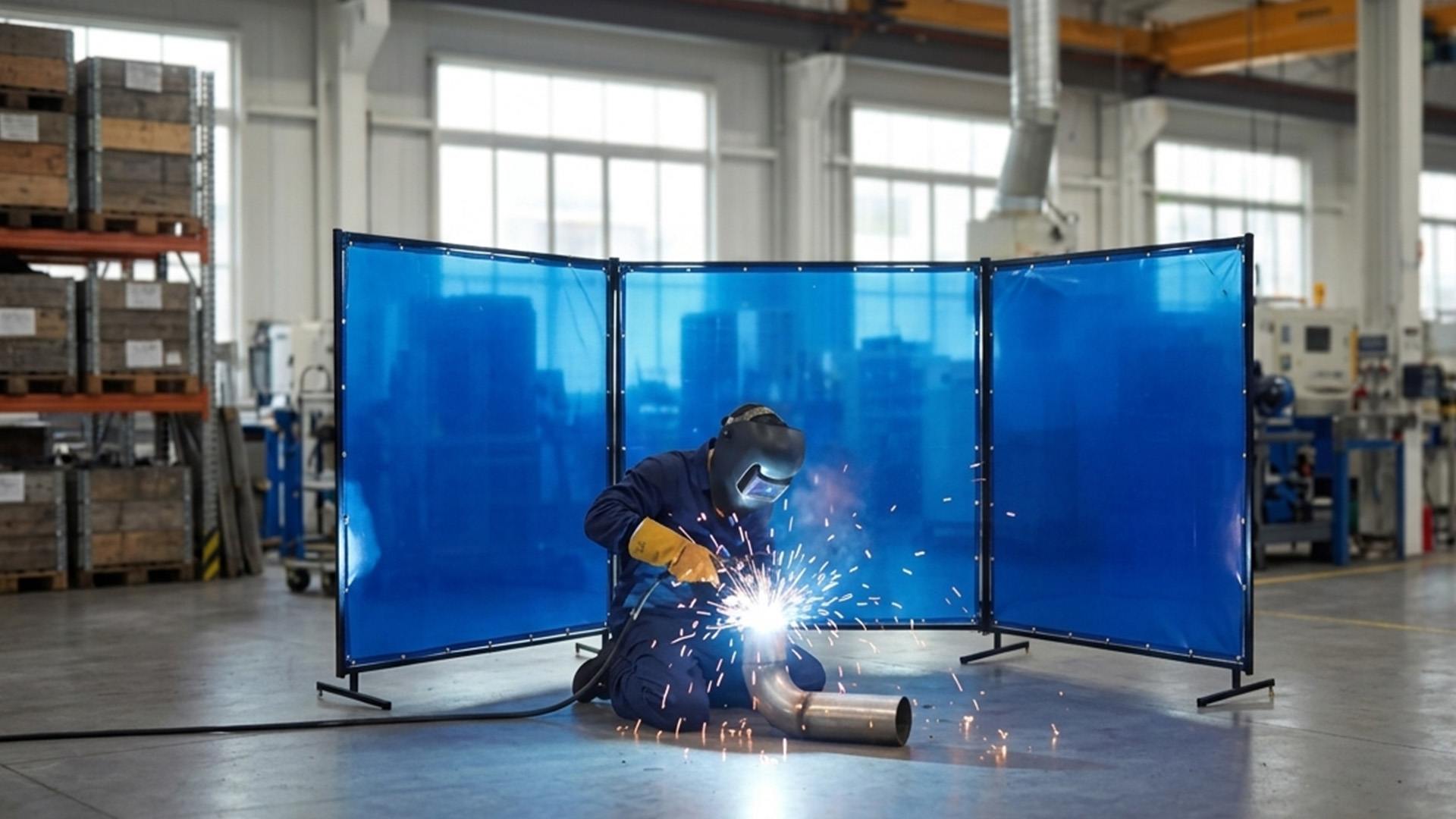 A trifold welding screen arranged in a workshop environment