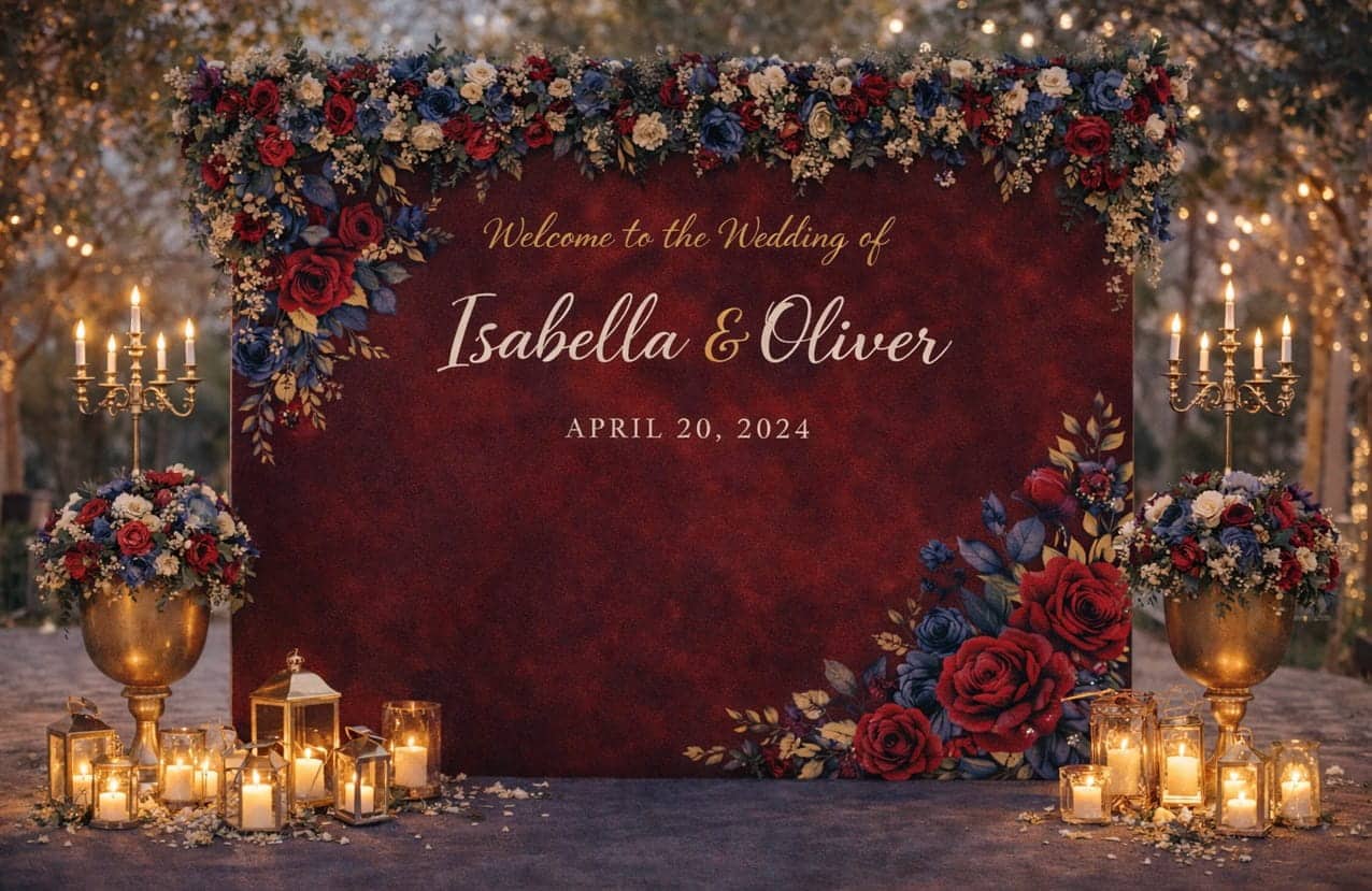 Floral wedding backdrop surrounded by floral arrangements with lit candles