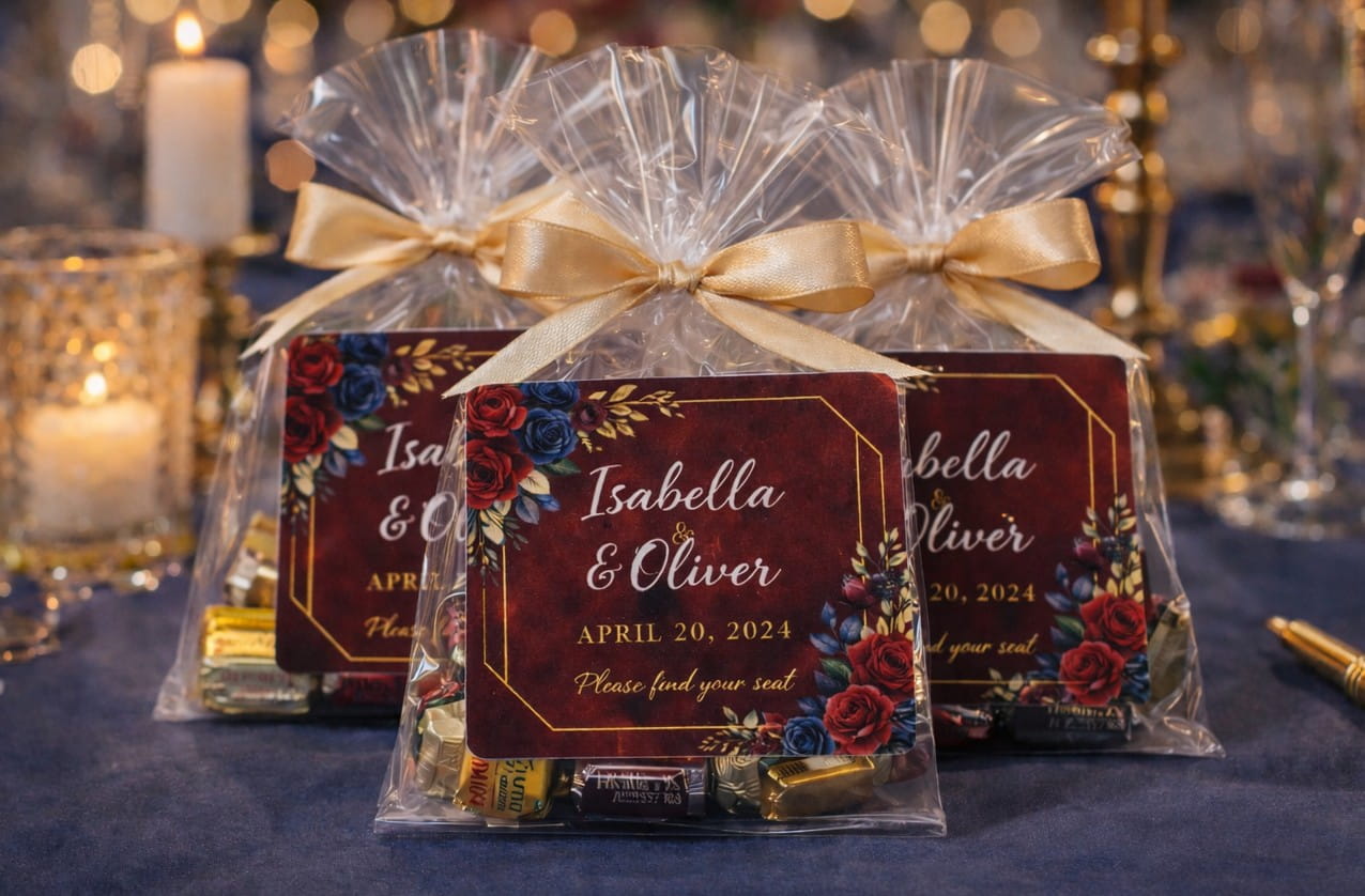 Clear wedding favor bags with custom floral printed tags