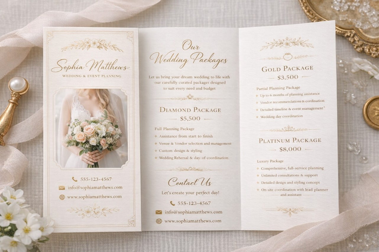 Tri-fold wedding services brochure detailing various package options