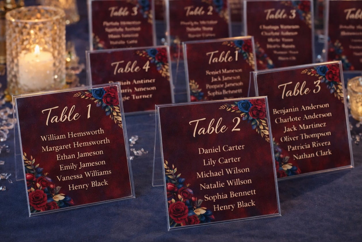 Acrylic wedding table signs displaying guest seating lists