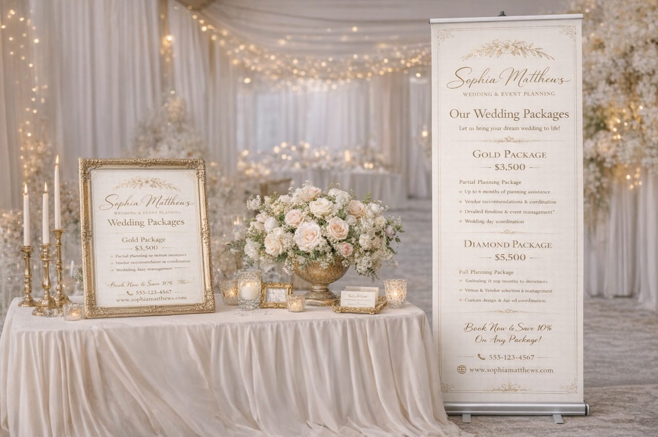 Event display table with a framed sign and a tall retractable banner