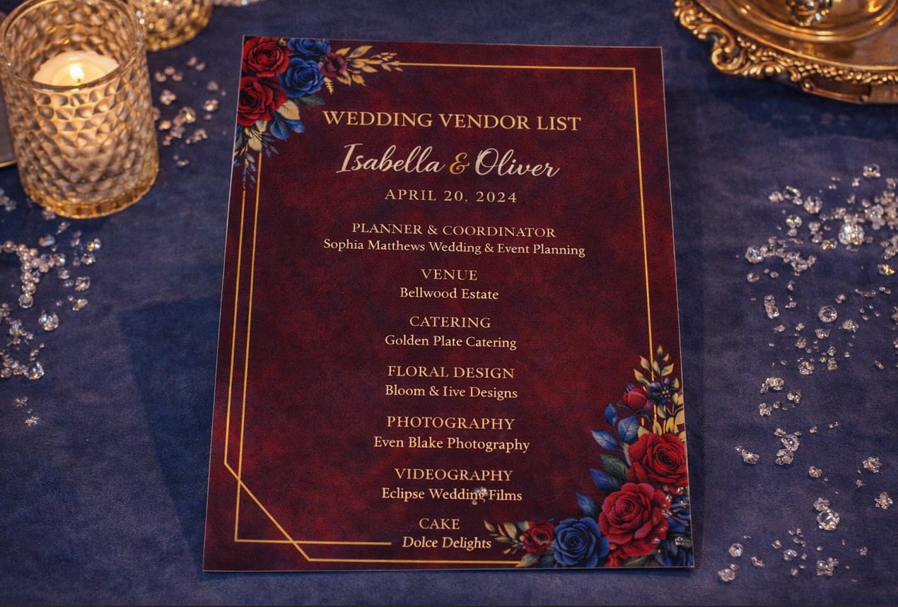 Printed wedding vendor list card with a dark red floral design