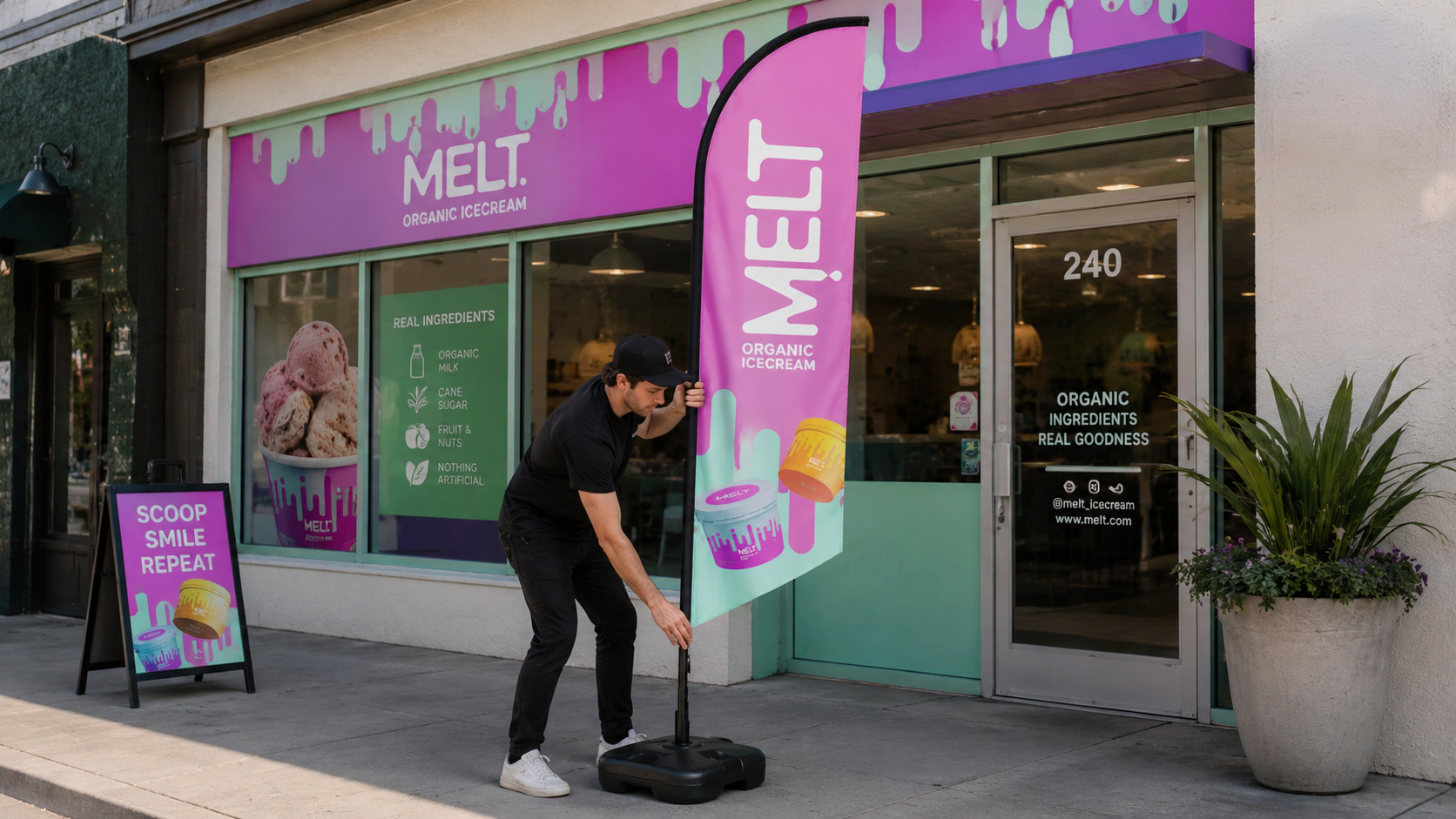 Assembled feather flag displayed outside a storefront