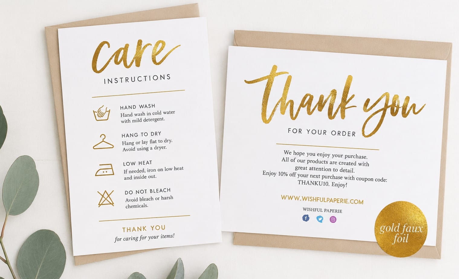 thank you and care instruction cards