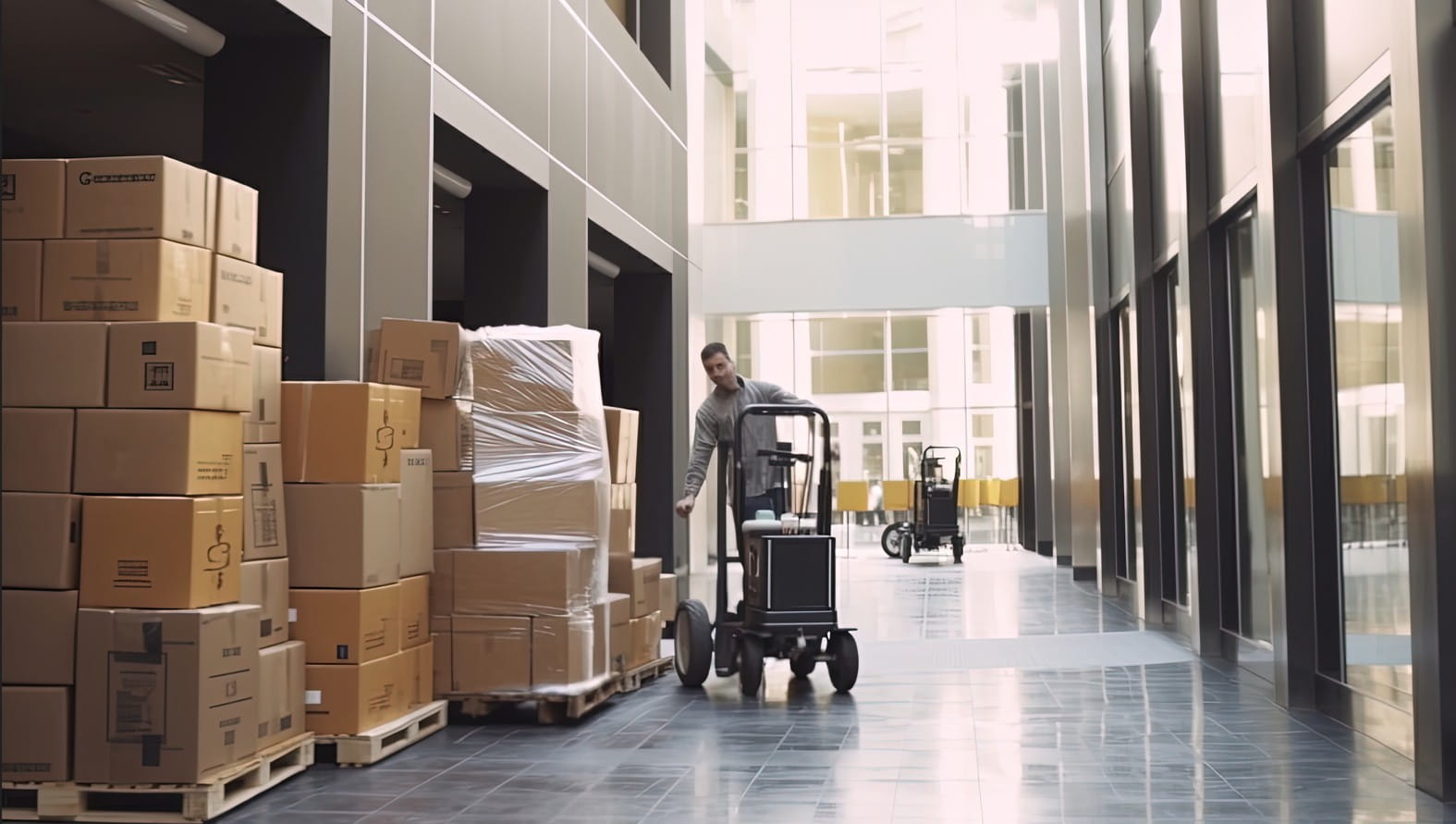 Stacked shipping boxes inside a warehouse corridor with a worker
